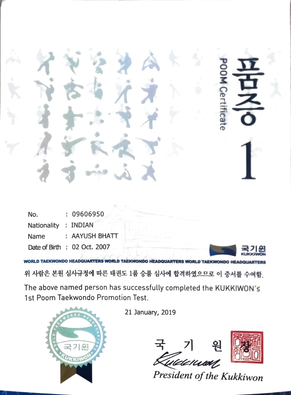 Aayush Bhatt Taekwondo Black Belt Certification